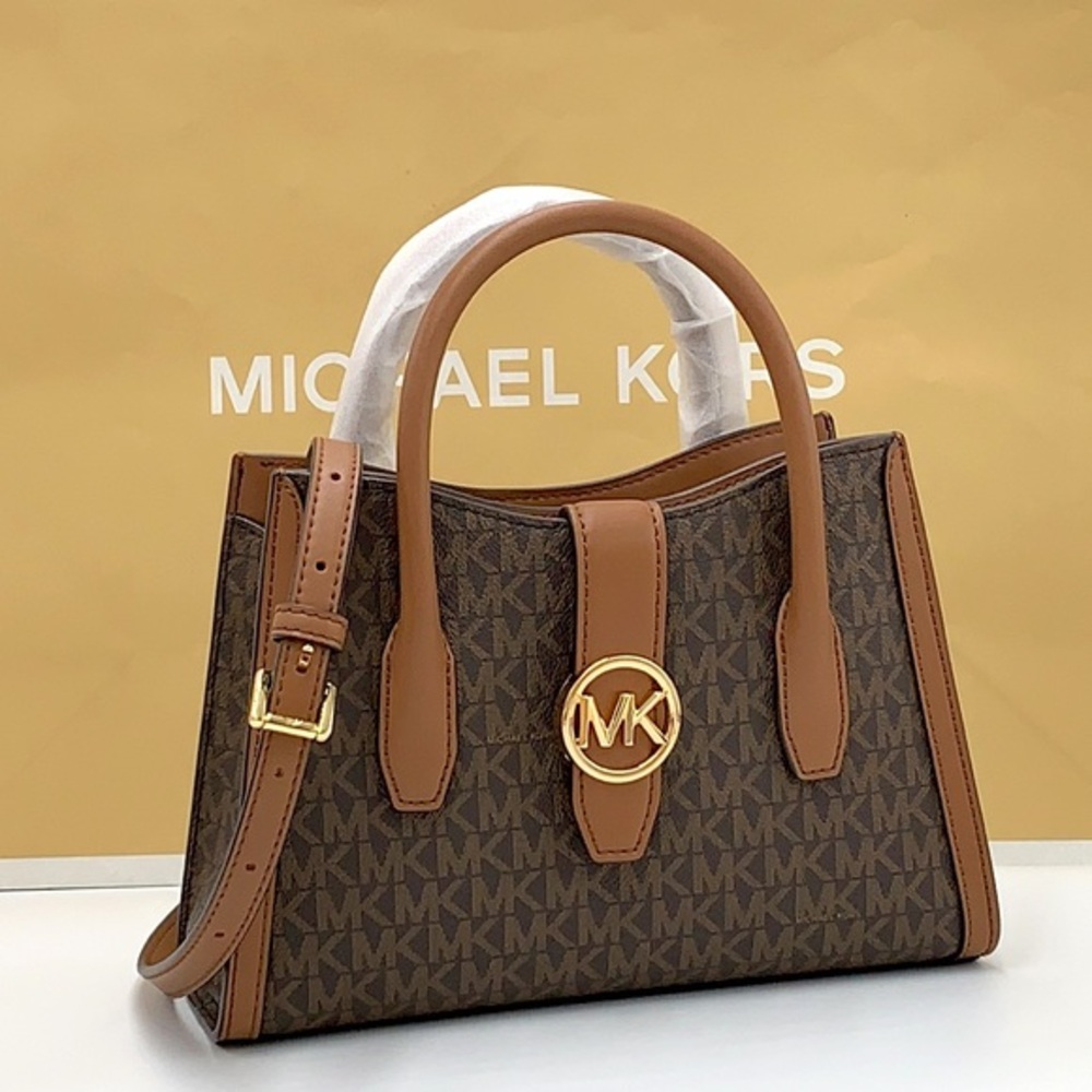 MICHAEL KORS GABBY SMALL TOP ZIP CURVE SATCHEL CROSSBODY BROWN SIGNATURE COLOR